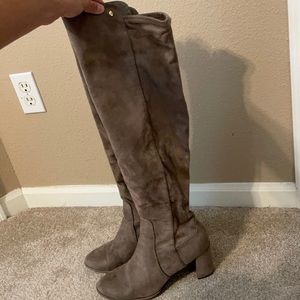 Beige knee high boots